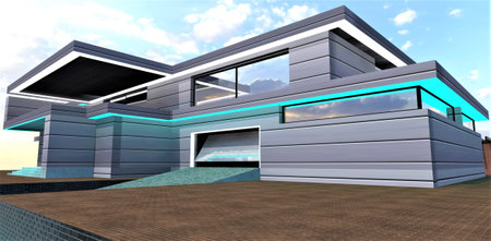 Bottom corner view of the recently designed country mansion in minimalist style. Elegant day exterior illumination looks good with aluminum finishing. 3d rendering.の写真素材