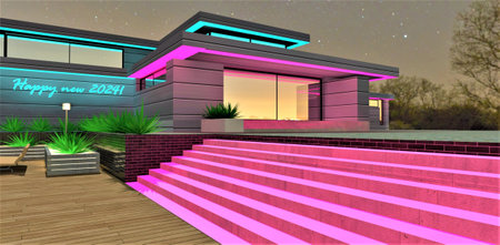 Happy new 2024! Glowing text on the aluminum wall. Purple illuminated stairs. Suitable illustration for Christmas postcard. 3d rendering.の写真素材