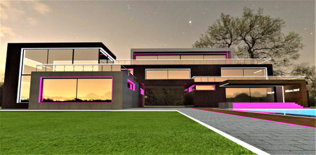 The old mysterious empty tree behind the fashionable suburban dwelling with illuminated exterior. Dense wood is visible behind the passage. White glowing border between the walkway and lawn. 3d rendering.の写真素材