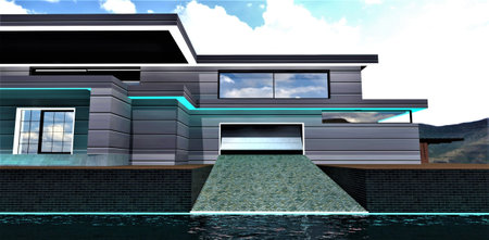 The boat ramp garage with aluminum opening gate ob the lake bank. Amazing suburban dwelling for people who like nature and fishing. 3d rendering.の写真素材