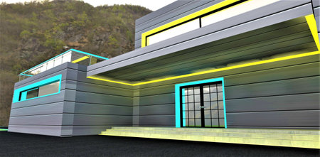 Entrance to a stylish country mansion with aluminum facade located near the rock covered with grass. Glowing facade elements looks nice at day. 3d rendering.の写真素材
