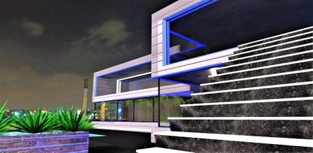 Black marble staircase with white glowing steps cover. Luxury mansion constructed on the city outskirts. night view. 3d rendering.の写真素材