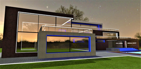 White and blue luminous facade elements as a night decoration of the contemporary suburban mansion. Looks especially nice with concrete finishing and large mirrored windows. 3d rendering.の写真素材