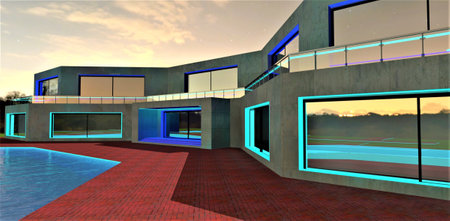 Unusual design of the awesome country mansion. Night view of the illuminated entry. Turquoise and blue glowing facade elements. 3d rendering.の写真素材