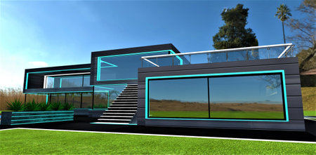 Exclusive design of the suburban house with roof terrace fenced with glass panels and glowing rails. 3d rendering.の写真素材
