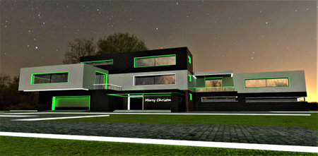 Stylish suburban administrative building against the night starry sky. White glowing borders of the granite pavement. Elegant green facade illumination. 3d rendering.の写真素材