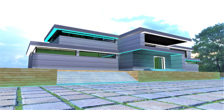 Catching eye view of the suburban cottage with elements of the facade day illumination. Suitable illustration for the real estate advertisement banner. 3d rendering.の写真素材