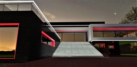 Front view of the concrete staircase illuminated in white at night. Black brick tile walls finishing. Big mirrored windows reflection starry sky. 3d rendering.の写真素材