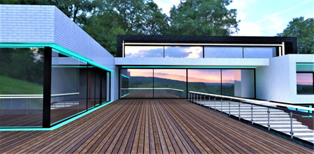 Nice wooden terrace of the luxury mansion finished with combined brick tile. Large panoramic windows reflecting forest environment. Elegant day illumination. 3d rendering.の写真素材