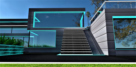 Design of the staircase with white glowing elements. Looks good at day. Big mirrored windows reflecting trees crowns. 3d rendering.の写真素材