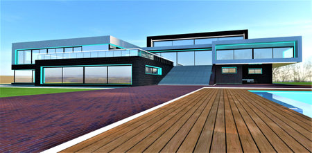 White border divides the deck and red brick pavement in front of the upscale country estate under the bright blue sky. Elegant day exterior illumination. 3d rendering.の写真素材