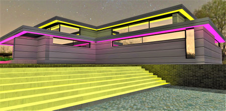 Concrete staircase painted with yellow fluorescent paint that glows at night. Looks nice in the yard of any suburban house. 3d rendering.の写真素材