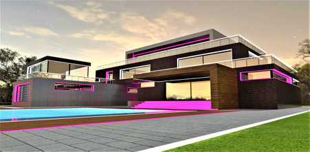 Exit to the swimming pool with purple glowing steps. Amazing suburban mansion with luminous facade elements looks nice at night time. Gray slab pavement. 3d rendering.の写真素材