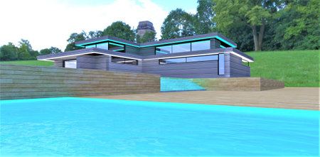 Elegant modern mansion with day illumination. View from the swimming pool. Amazing dense park on the background. 3d rendering.の写真素材