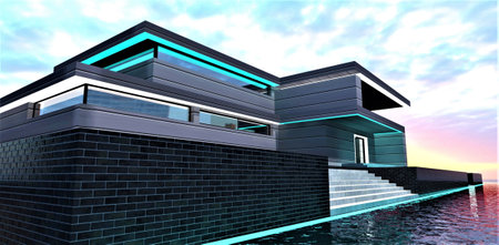 Stylish house on the seashore. Wide concrete steps to the water. Long turquoise glowing line along the pier finished with black brick tile. 3d rendering.の写真素材