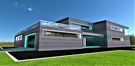 Amazing blue sky above the suburban warehouse finished with aluminum panels. Exit from the garage. Black asphalt walkways around. 3d rendering.の写真素材