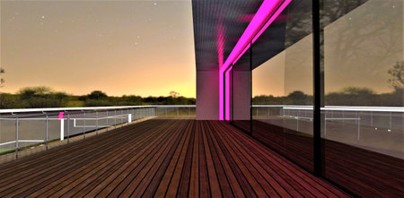 Amazing fenced terrace of the newly built country cottage. Eco-friendly decking as a floor cover. Mirrored sliding door reflecting night starry sky. 3d rendering.の写真素材