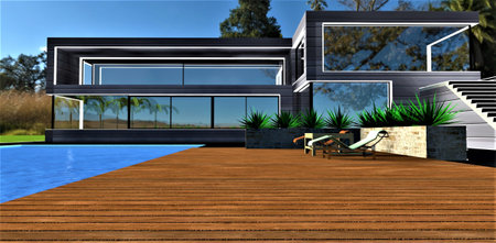 Decked area near the swimming pool in front of the recently built country cottage with big reflecting glass along the long facade finished with composite aluminum 3d rendering.の写真素材