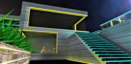 Beautiful night view of the exclusively designed cottage with LED luminous elements of the aluminum facade. Good banner for the real estate advertisement. 3d rendering.の写真素材