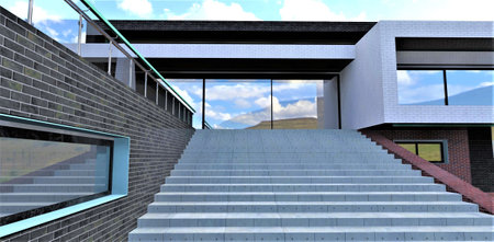 Wide concrete staircase up to the mirrored sliding door to the exclusive suburban dwelling constructed in the mountains reflected in the glass. 3d rendering.の写真素材