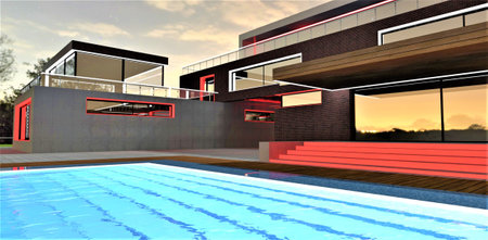 Swimming pool with warm water in front of the exit from the modern suburban building with glowing exterior elements as night decoration. 3d rendering.の写真素材