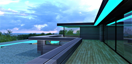 Nice wooden floor of the stylish terrace with big sliding door. Turquoise day illumination as a decor. Pavement made of natural granite in the yard. Tree crowns below. 3d rendering.の写真素材
