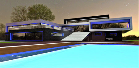 Cantilevered swimming pool with transparent bottom above the entrance to the mansion at night. Red elegant illumination with turquoise elements. 3d rendering.の写真素材