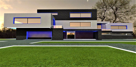 Modern three level building illuminated at night. Granite stone paved driveway to the garage with aluminum lifting gate. White border on the lawn. 3d rendering.の写真素材