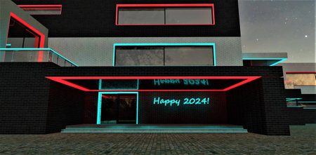 Happy 2024! Glowing text on the brick wall near the entry door to the suburban building at night. Suitable illustration for New Year greeting card. 3d rendering.の写真素材