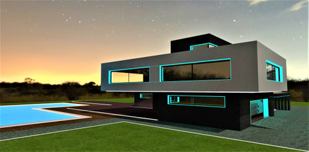 Excellent twilight view of the contemporary country house built according to the individual design. Elegant illumination of the facade elements. 3d rendering.の写真素材