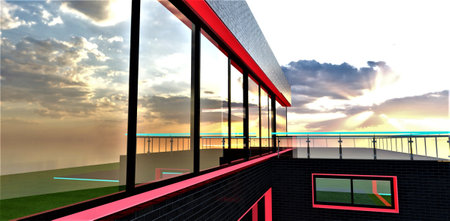 Reflection of the morning sun hidden behind the clouds in the long panoramic window of the private mansion finished with black and white brick tile. View of the glass fence on the terrace. 3d rendering.の写真素材