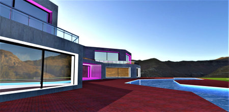 Only mountains, bright sun, and empty red brick paved square near the exclusive swimming pool in the yard of the elite hotel finished with concrete. 3d rendering.の写真素材