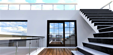 Swing glass doors from the country house leading to the terrace. Designer staircase to the upper level. wooden deck flooring. 3D rendering.の写真素材