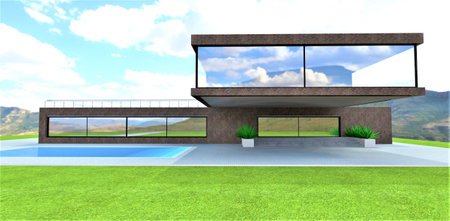 Reflection of cumulus clouds in the panoramic window of a magnificent modern-designed country house located in a mountainous area. 3D rendering.の写真素材