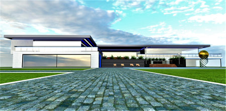 Granite cobblestone pathway leading to an elite countryside estate designed with green technologies. 3D rendering.の写真素材