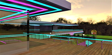 Terrace with a wooden deck covered with glass panels and metal railings. Stunning contemporary house with nighttime illumination. 3D rendering.の写真素材