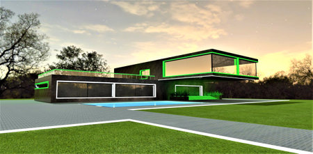 Unique design of the nighttime lighting for the estate with a pool. Successful combination of green and white colors. 3D rendering.の写真素材
