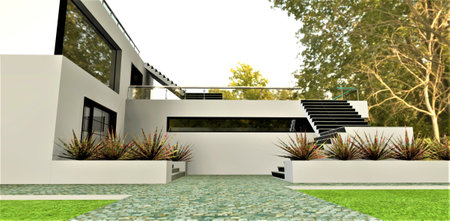 A cobblestone pathway leading to the entrance of the cottage. To the left, there is an entrance, and to the right, a staircase leading up to the terrace. The beautiful autumn forest surroundings. 3D rendering.の写真素材