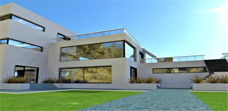A granite pedestrian path leading to the entrance of an exclusive country cottage with a white facade, illuminated by the bright summer sun. 3D rendering.の写真素材