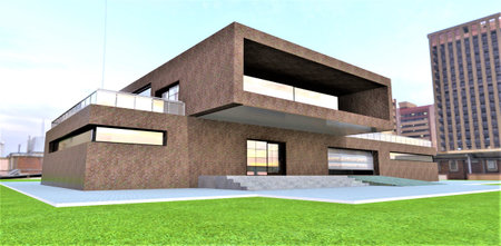 New two-story building with a flat roof and terrace in the midst of high-rise development. An excellent investment in commercial real estate. 3D rendering.の写真素材