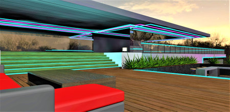 A wonderful evening on the wooden deck terrace. View from the leather sofa. Elegant LED exterior lighting of the country house. 3D rendering.の写真素材