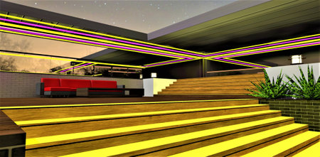 Yellow lighting highlighting the leisure area of a luxurious country house. A comfortable terrace with wooden decking and a red sofa. 3D rendering.の写真素材