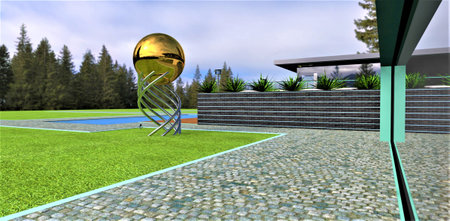 Successful design of a countryside villa in a well-maintained forest clearing. Metallic installation as a decorative element on the premises. 3D rendering.の写真素材