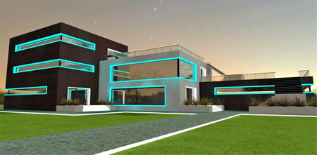 A modern facade illumination design for an advanced private house during nighttime. Turquoise as the primary color. 3D rendering.の写真素材