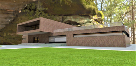 Modern house made of brown brick, built under a rock in an autumn forest. Excellent real estate for exotic lovers. 3D rendering.の写真素材