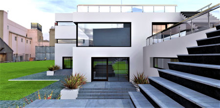 The view from the staircase descending from the terrace to the porch of a modern and stylish Spanish-style house. glass swing doors. 3D rendering.の写真素材