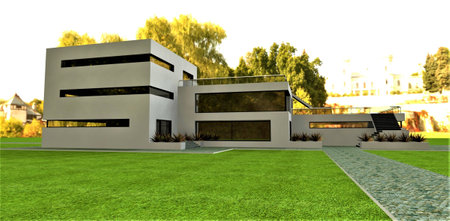 A lovely freshly mowed lawn within the premises of a modern estate, designed by a young team of talented engineers and builders. 3D rendering.の写真素材