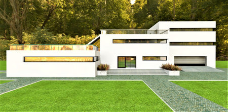 A newly completed, ready-to-move-in house with a spacious plot adjacent to the forest. A delightful autumn day. 3D rendering.の写真素材