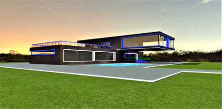 Blue and white LED exterior lighting of the countryside building against the backdrop of the night sky. Excellent banner for real estate investment advertising. 3D rendering.の写真素材