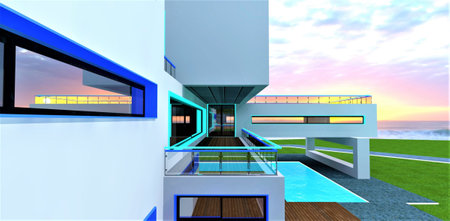 Design of the balcony for a private countryside estate. glass railing. Window frame illumination for daytime decoration. 3D rendering.の素材